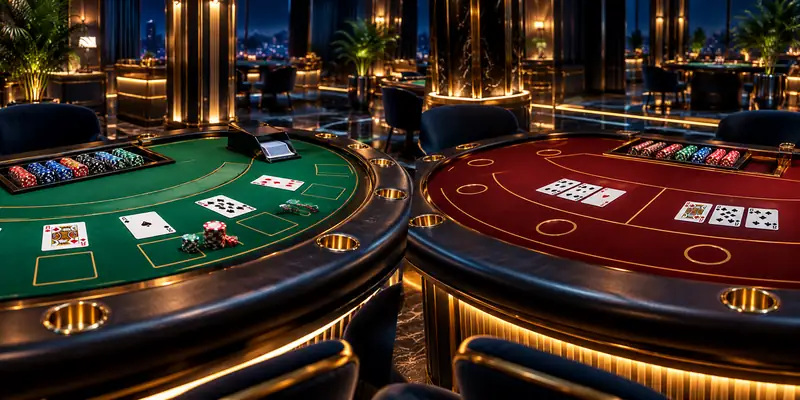 Blackjack and baccarat tables illustrating different scoring systems and digital card-game layouts.