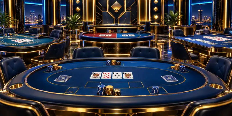 A modern digital card gaming lobby featuring multiple tables and familiar playing-card elements.