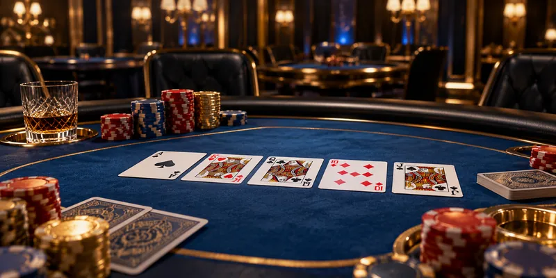 A digital poker table displaying community cards, poker chips, and a modern gameplay interface.