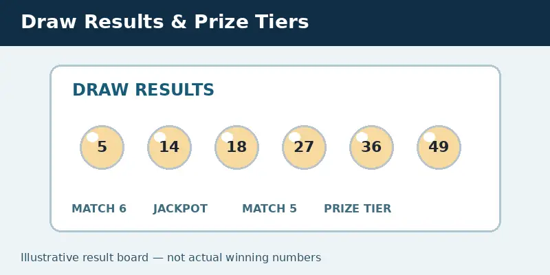 A digital lottery results display illustrating winning numbers, draw records, and prize categories.